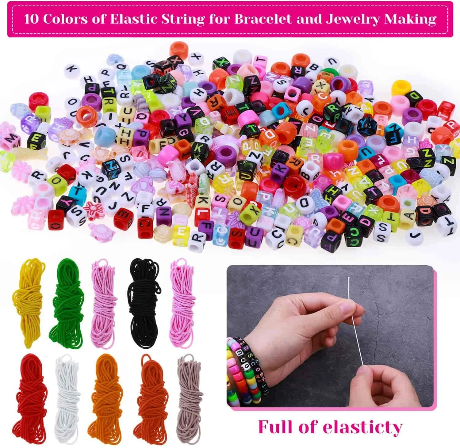 Hot Sale DIY Bracelet Necklace Beaded Elastic Wire Pure Color Barrel Beads Accessories Acrylic Letter Beads