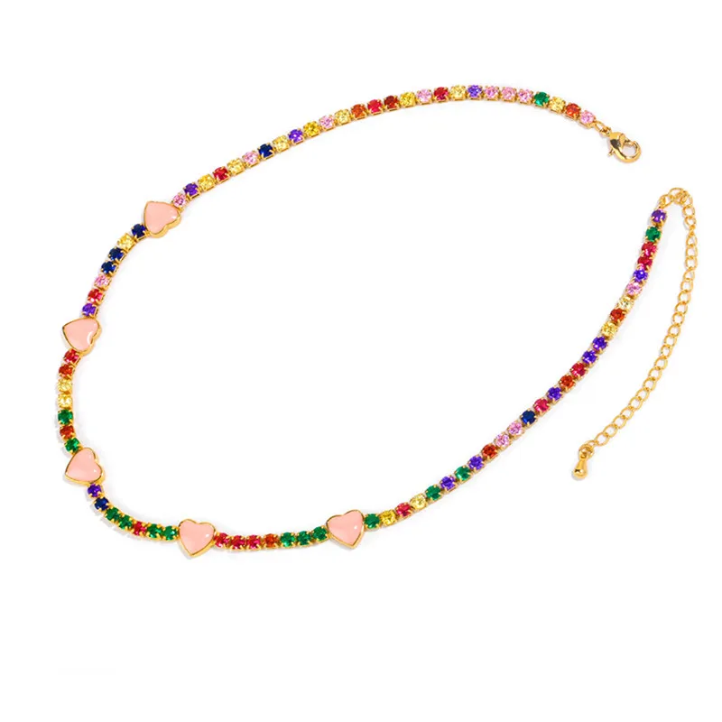 Red pink white enamel lovely heart charm rainbow cubic zirconia tennis chain choker trendy necklace fashion jewelry