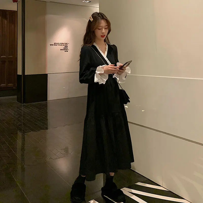 2021 Korean Style Black Autumn Women Dress Vintage Dresses Spring Long Lotus Sleeve Dress