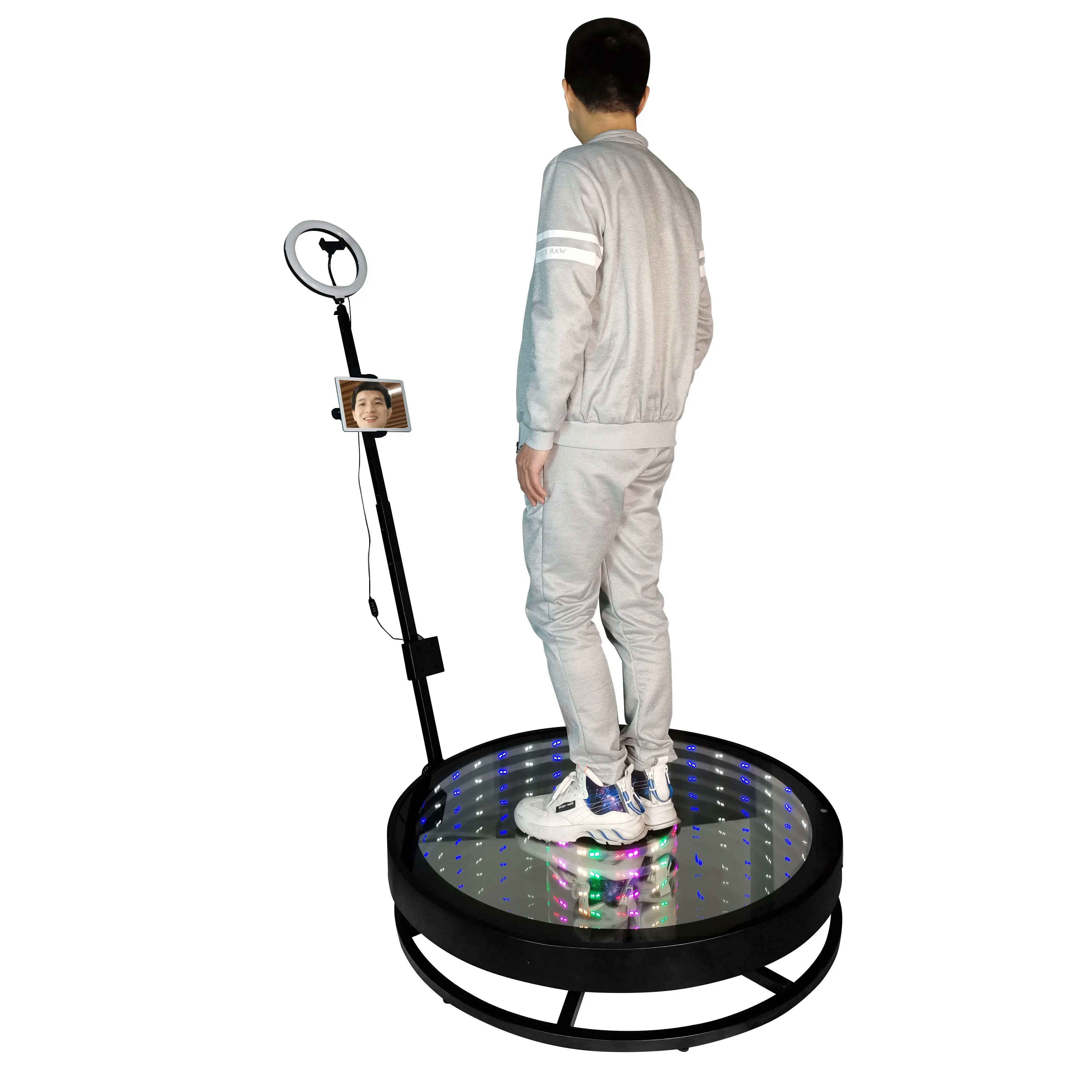 2022 hot sale new designed tempered glass 115cm diameter metal base photo booth automatic rotated 360 degree video booth