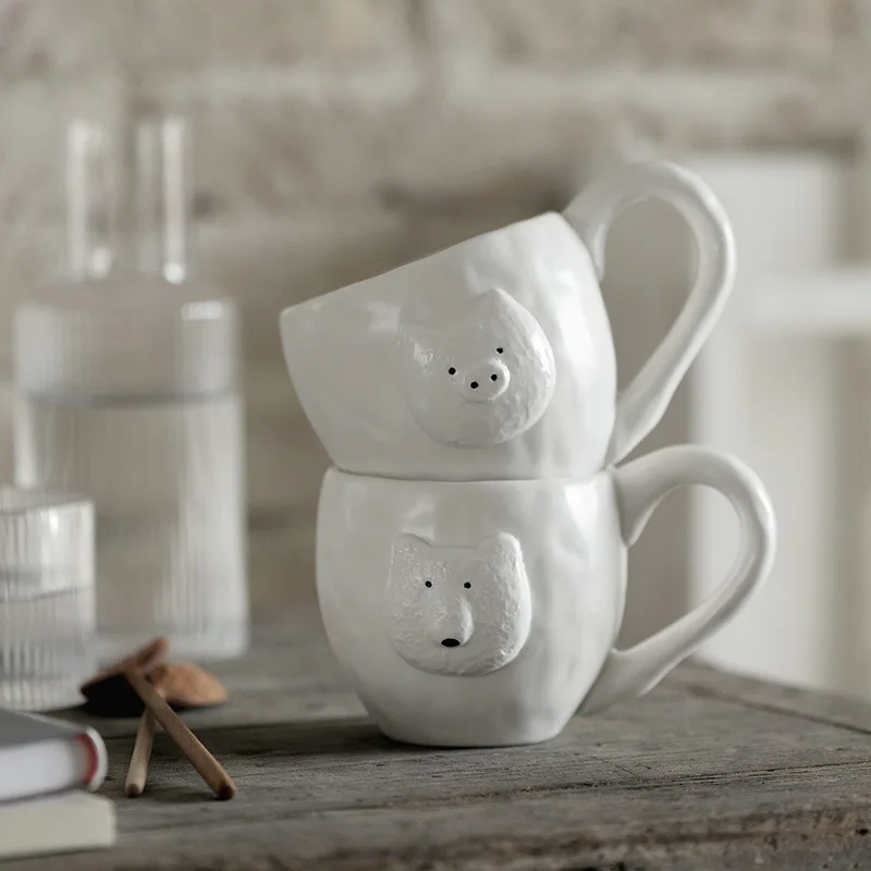 Cute bear coffee mug handmade relief animal mug porcelain pig mug cup