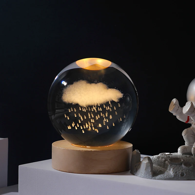 USB Night Light 3d Interior Crystal Ornament Small crystal Ball Luminous Crystal Night Ball With Wood Base
