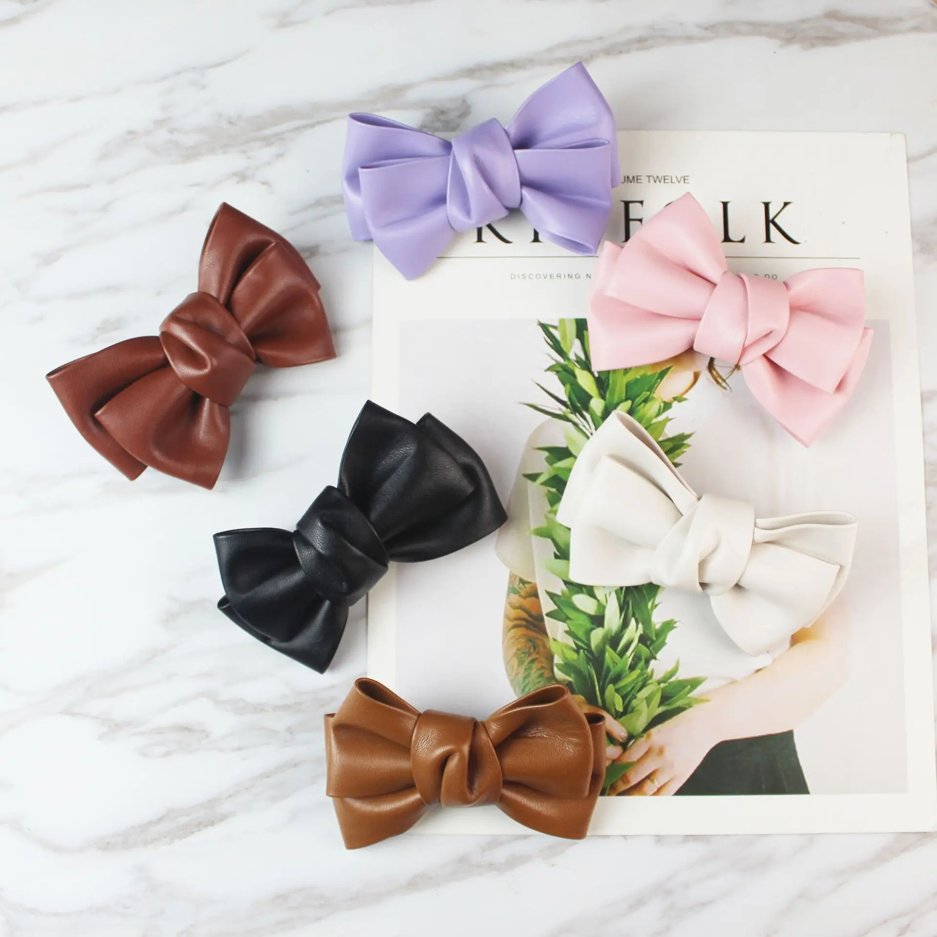 Pu Leather bow hair accessories PU handmade duckbill clip Women Hair Clip