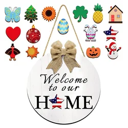 Interchangeable Seasonal Welcome Sign Front Door Decor Rustic Wood Welcome to Our Home Sign Wall Hanging Decoration