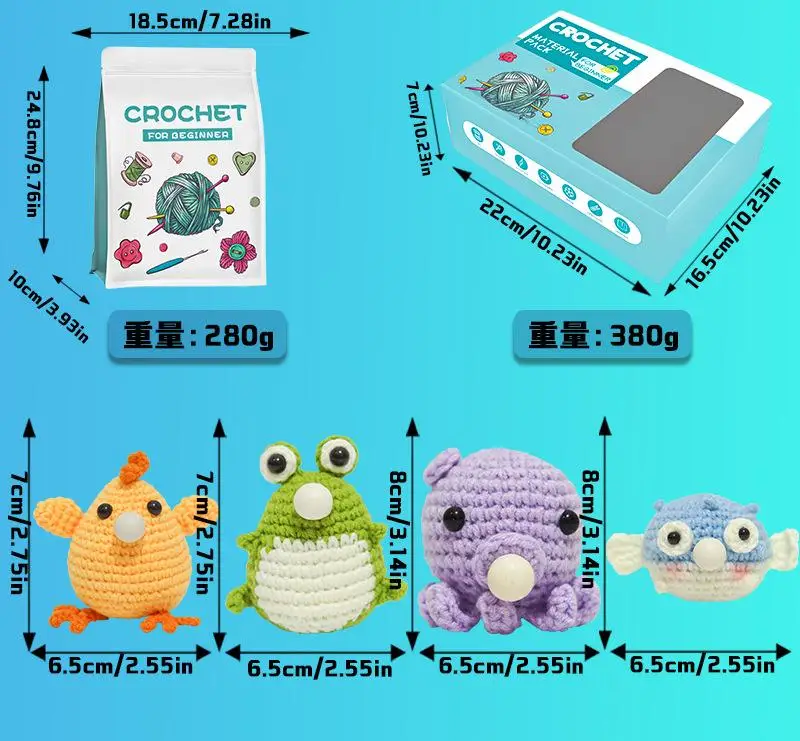Crochet Kit for Beginners,4 Pattern Octopus, Chick, Frog, Globefish for Kids Adults, Crochet Starter Kit with Video