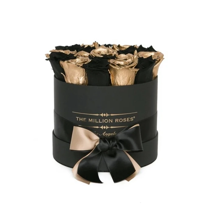 Luxury Gold Foil Roses Flower Packing Box Custom Logo Round Black Cylinder Flower Packaging Boxes For Gifts