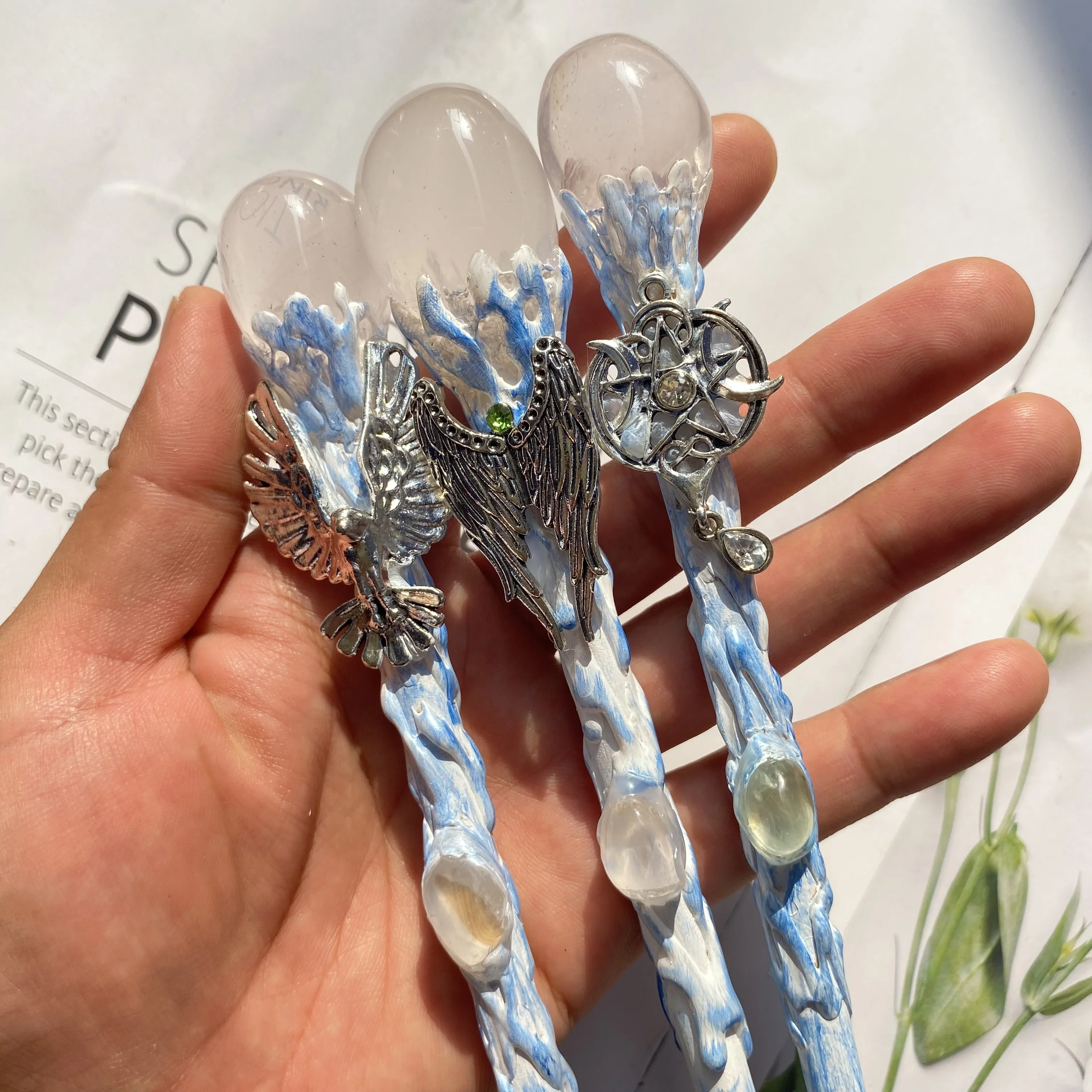 Gem Fairy Stick Crafts Alloy Angel Dragon Accessories Rose Quartz Amethyst Healing Crystal Magic Wand Ornament For Gifts