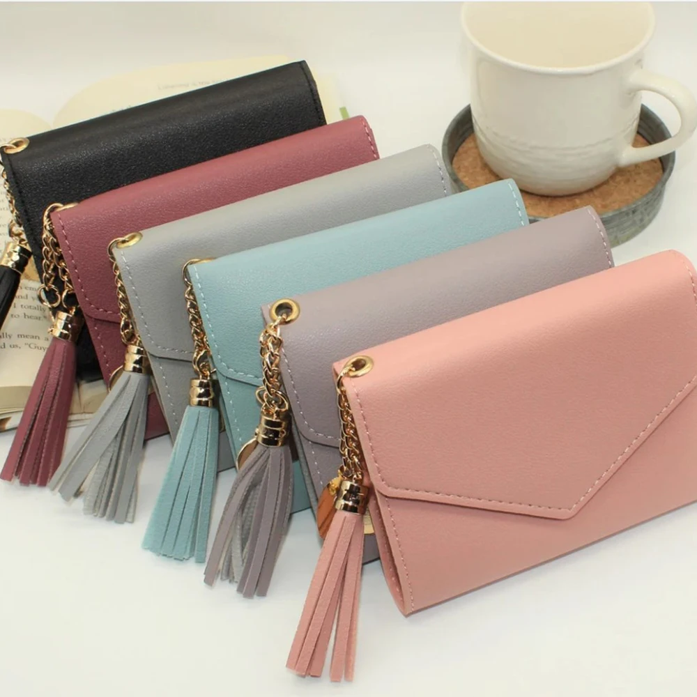 Wholesale Slim Card Holder Leather Wallet Purse Tri Fold PU Leather Tassel Ladies Wallet