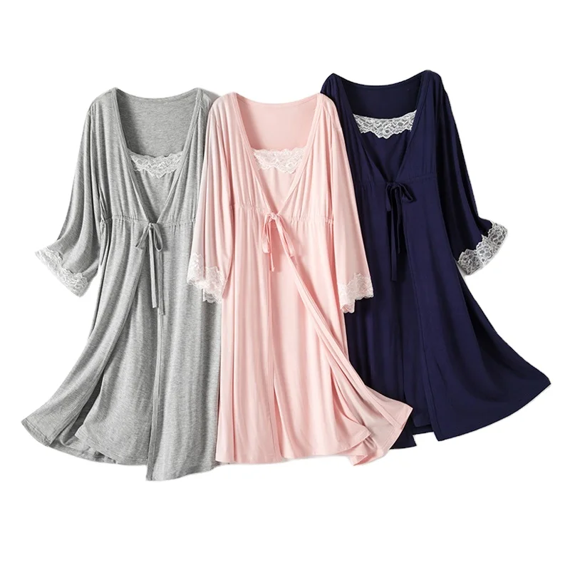 Maternity Night Dress Lace Breastfeeding Night Gown Soft and Stretch Fabric 2pcs/set Nursing Pajamas