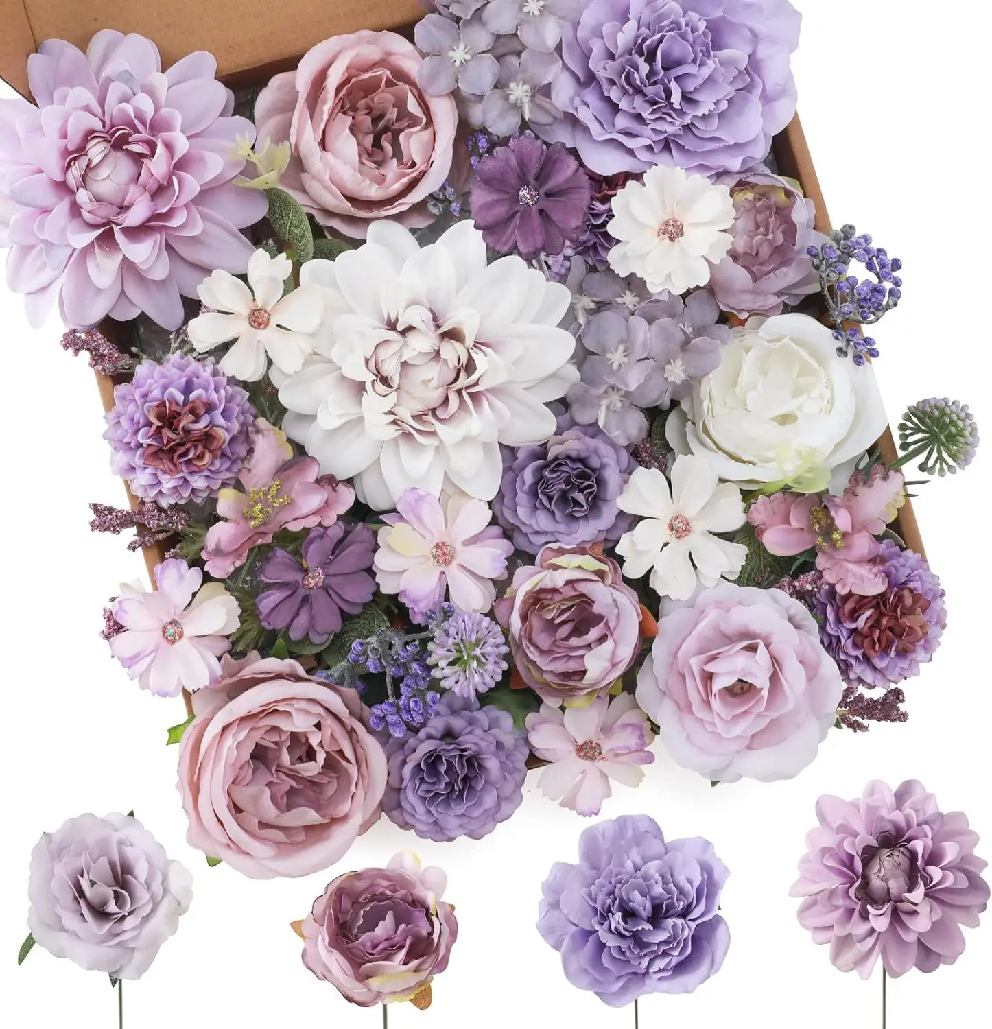 2024 New Style Roses Artificial Flowers Purple Bouquets Box Set for DIY Bridal Wedding Decorations