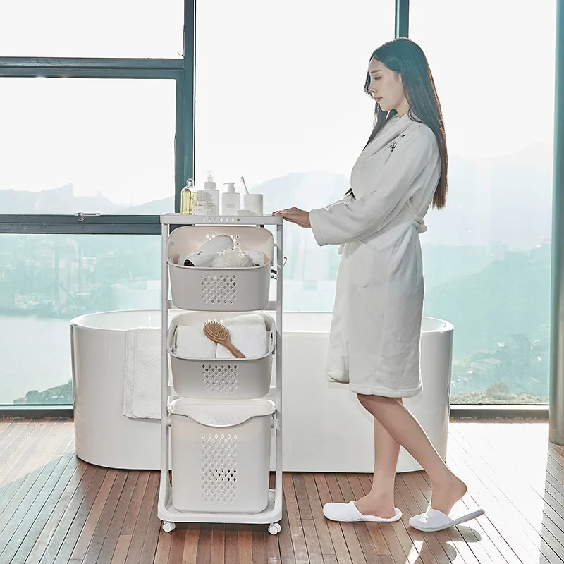 2022 hot sale customizable logo home bathroom PP 3 compartment laundry basket with wheels