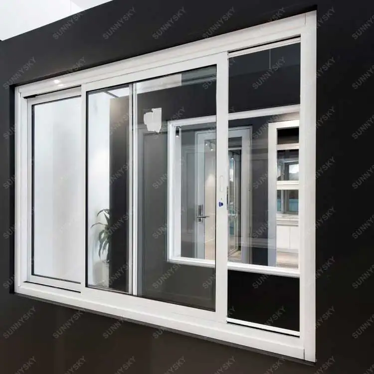 Sunnysky Grain Filmed oversized Fancy Design UPVC window wooden like Sliding pvc window