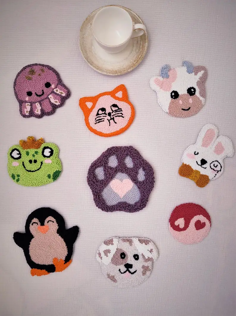 small size custom cute cat cow embroidery animal pattern punch needle tufting coasters mug rugs