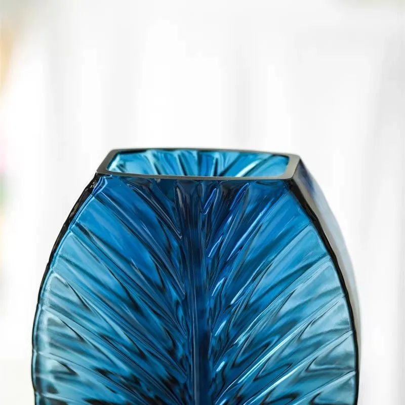 Modern Simple Creative blue Leaf Pattern Glass Vase Wedding decoration for Flower Arrangement Party table decoration
