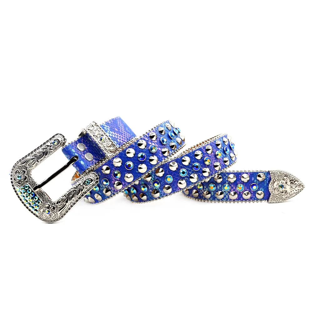 New Style Western Cowboy Rhinestone Belt Blue Color Diamond Studded Punk Design Woman Belt
