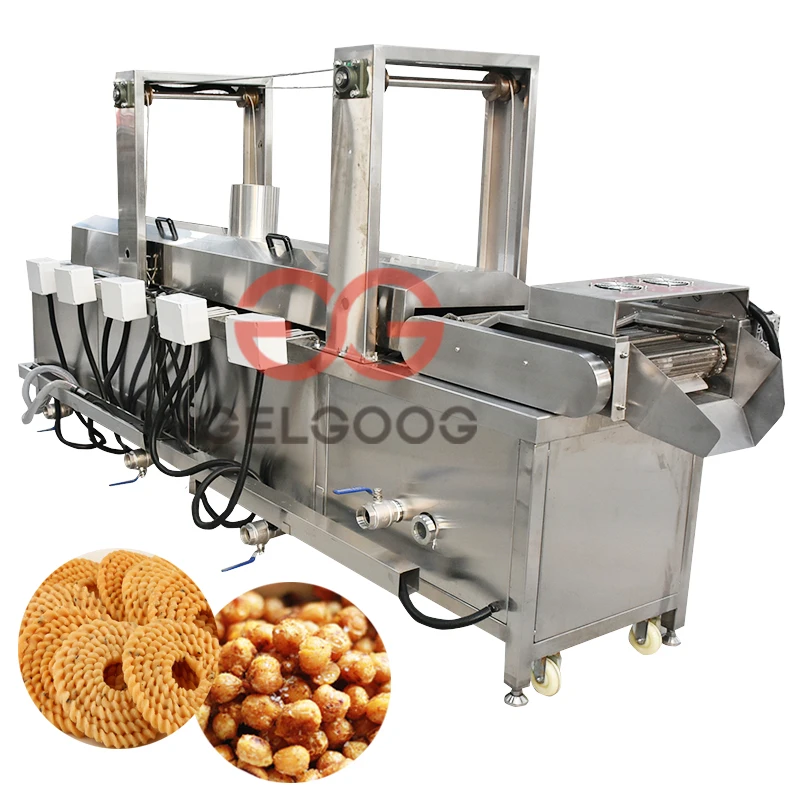 Continuous Automatic Kurkure Pork Skin Fried Chicken Leg Fryer Tortilla Namkeen Almond Green Peas Onion Frying Machine for Sale