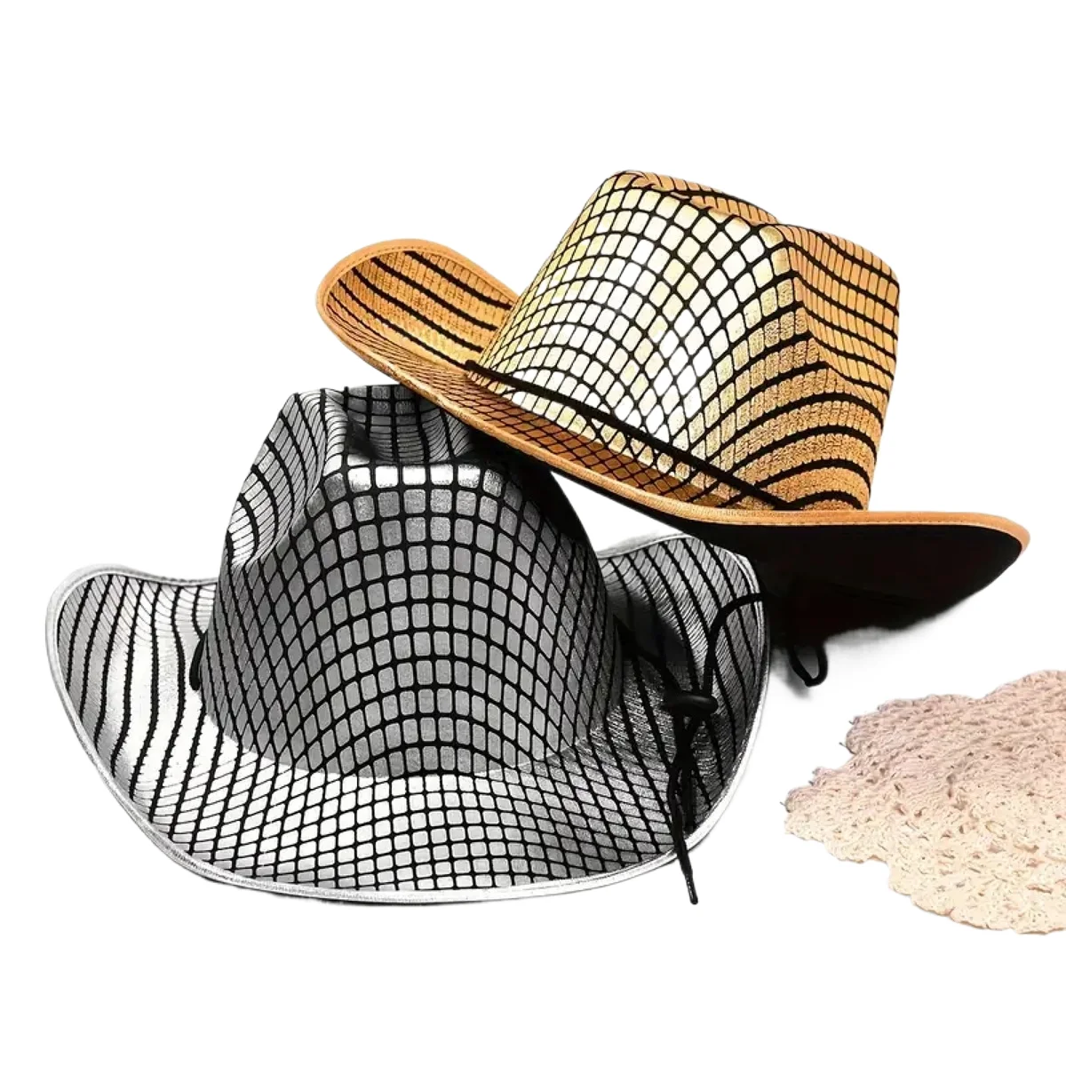 Western cowboy hat gold and silver mesh Panamanian hat stylish lightweight rolled fedora cowboy hat For ladies and men