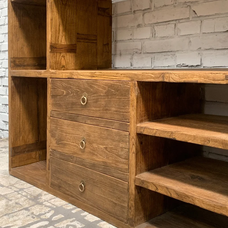 Chinese Antique Recycle Solid Elm Wood Rustic Natural Shelf Bookcase