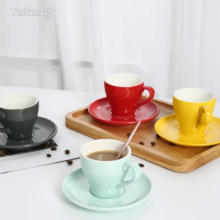 Cafe Supplies Wholesale Solid Color Tea and Saucer Cups Ceramic Reusable Espresso Coffee Cup Set