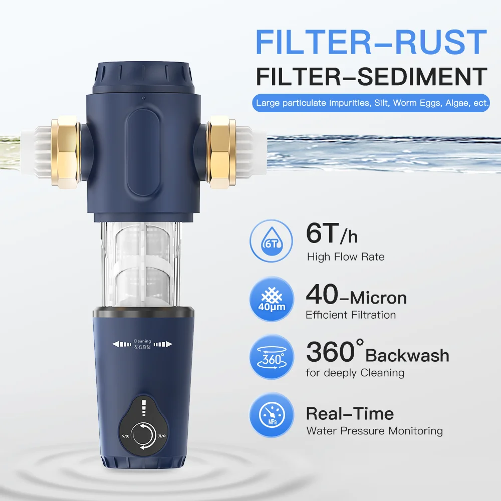 Intelligent Pre Filter Manual Household Time Memory Water Purifier for with No-replacement 316 Stainless Steel Filtration Mesh