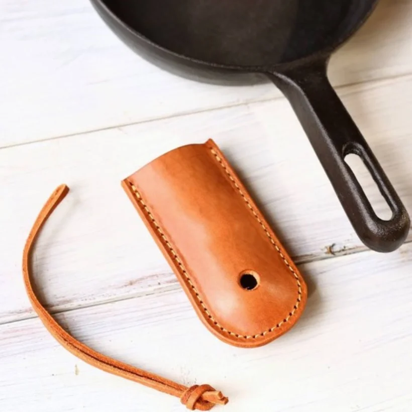 
Camping Brown Outdoor Travel Mini Panhandle Portable First Layer Cowhide Case Pot Handle Holder 