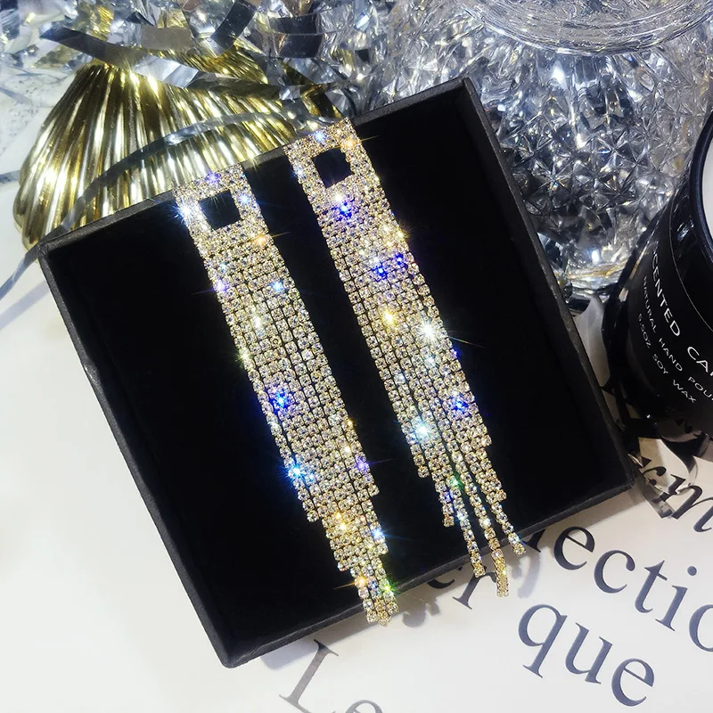 New Trendy Luxury Long Tassel Drop Earrings for Women Crystal Rhinestone Big Hanging Dangle Earrings Bride Wedding Jewelry