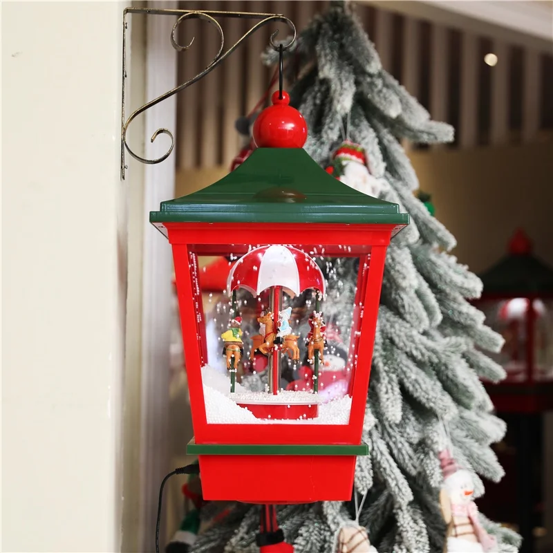 Christmas Santa lantern with music and snow musical lamp post with snow blowing for festival decoration
