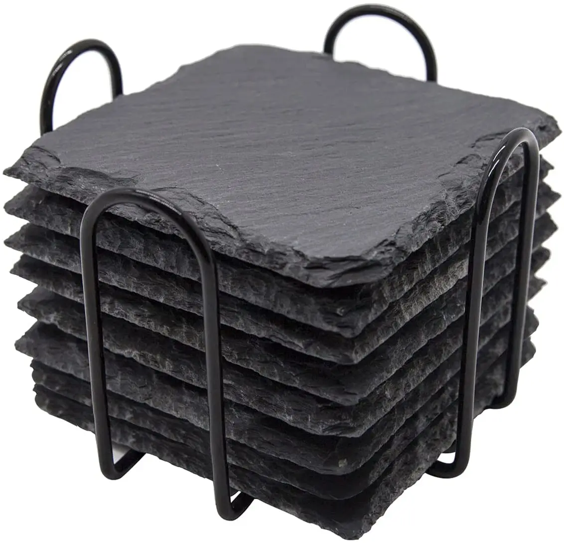 1 Set 8 PCS Hexagon Round and Square 3 Styles Slate Coasters to Choose slate coaster set with holder