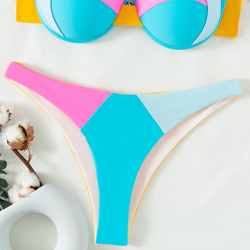 Mills Sisters Sexy Strap Micro Underwire Bikini Top Colorful Patchwork Spandex Swimwear Fabric Girls Swimsuits