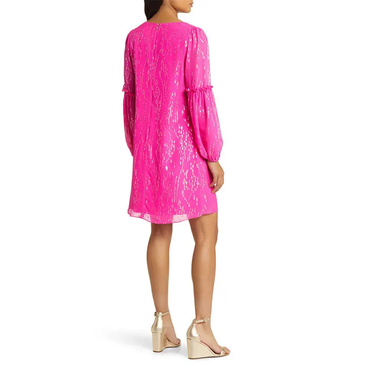 unique v neck Long balloon Sleeve frock dress wholesale custom Twinkling Metallic Silk Chiffon Shift Dress