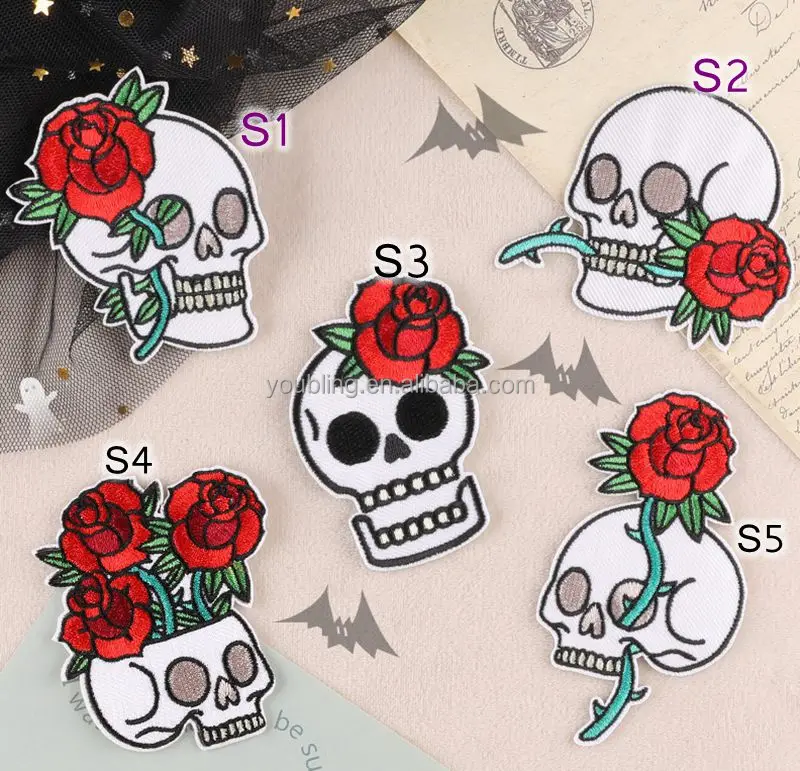 New Fashion Skull Rose Biker Embroidered Patch Iron on Sew On Badge Embroidery Patch  for Clothing Use in High Quality Thread