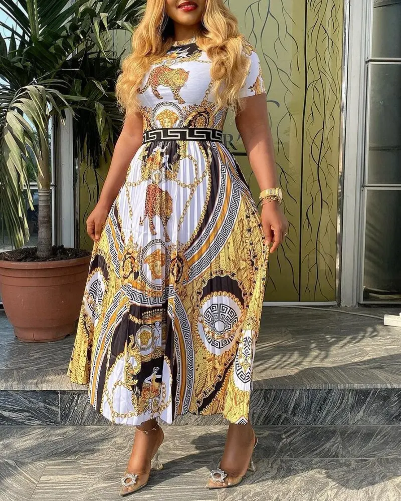 2022 new large size fashion high waist long skirt printing temperament commuter pleated dress