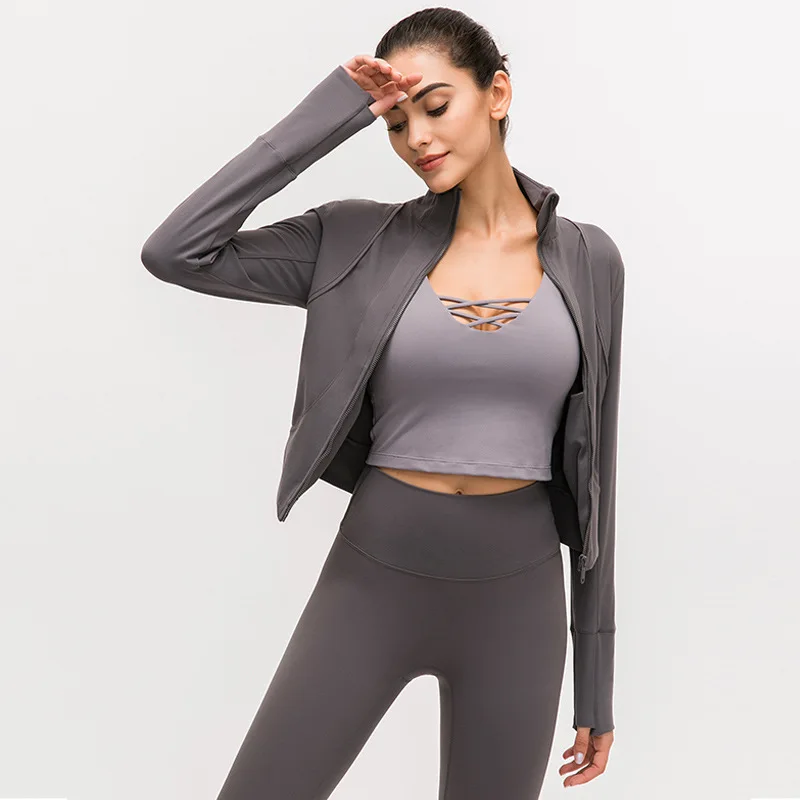 Latest Design Slim Sports Jacket Women High Collar Coat Thumb Holes 2 Pocket Design Women Sports Wear