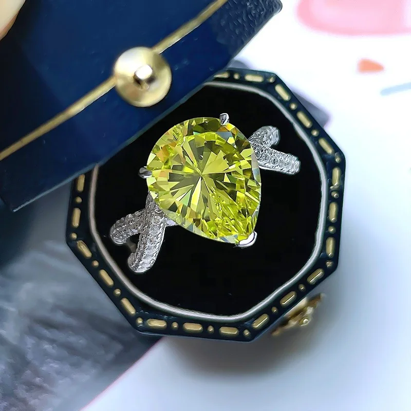 Silver Jewelry Ring Yellow peridot zircon Big CZ Princess Cut Sterling 925 Silver Engagement Ring for Women