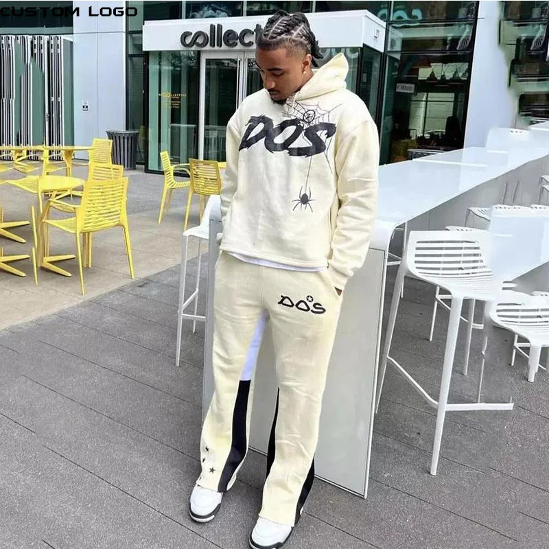 OEM Cotton Print Cut Raw Hem Edge Hoodie Patchwork Pant Men Tracksuit Heavyweight Stacked Flared Mens Two Pieces Jogger Sets