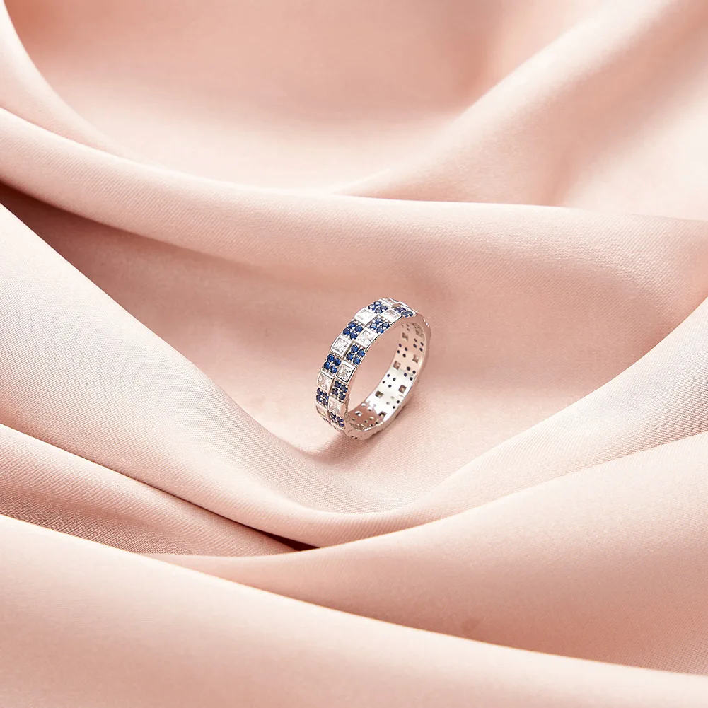 BEQR59 RINNTIN 925 Sterling Silver white&blue Cubic Zirconia Eternity Band for Women