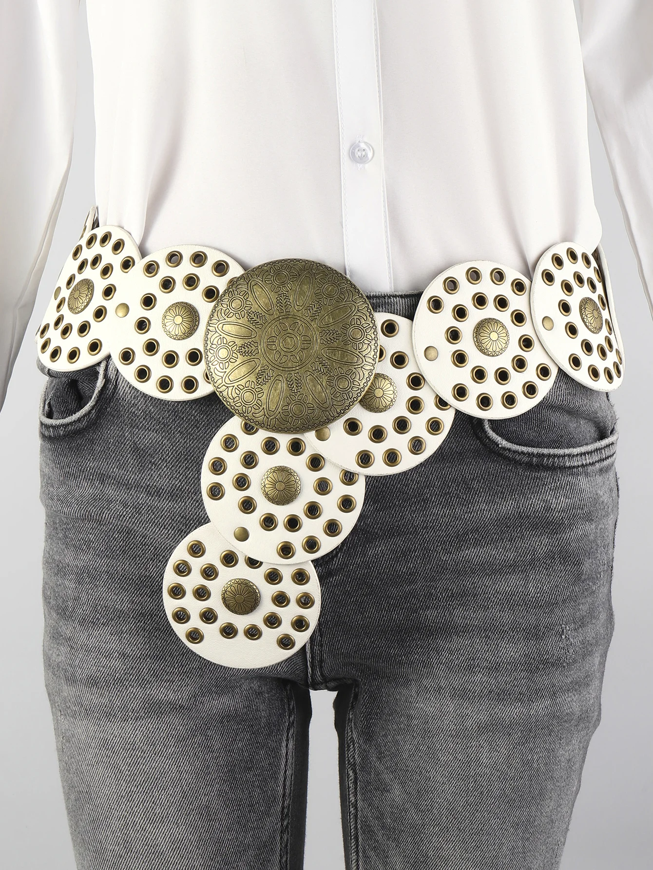 Hot sale factory direct price Women Leather Disk Link Belt Boho Western Waist Belts