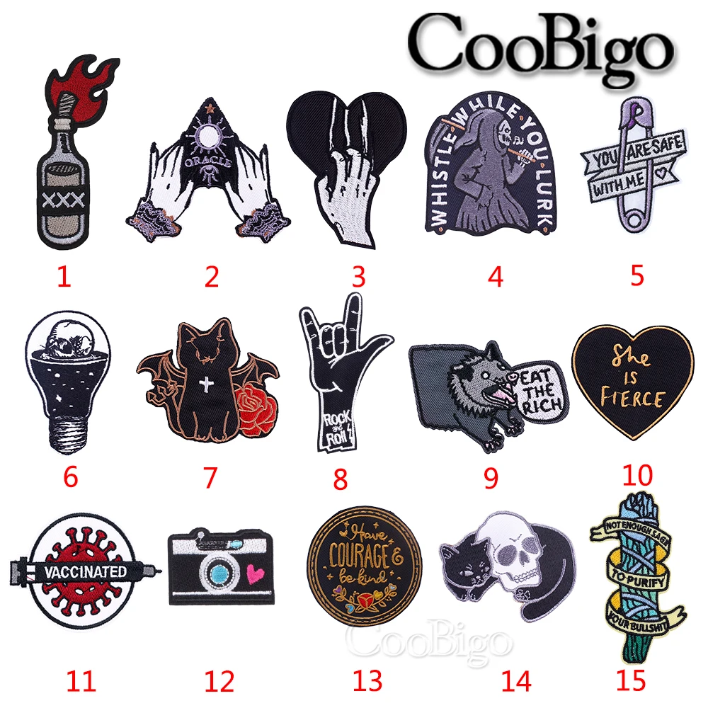 50pcs Iron On Punk Embroidery Patch Small Thermal Sticker Applique for Clothes Bags Patchwork Heat Adhesive Cat Flower Heart Sku