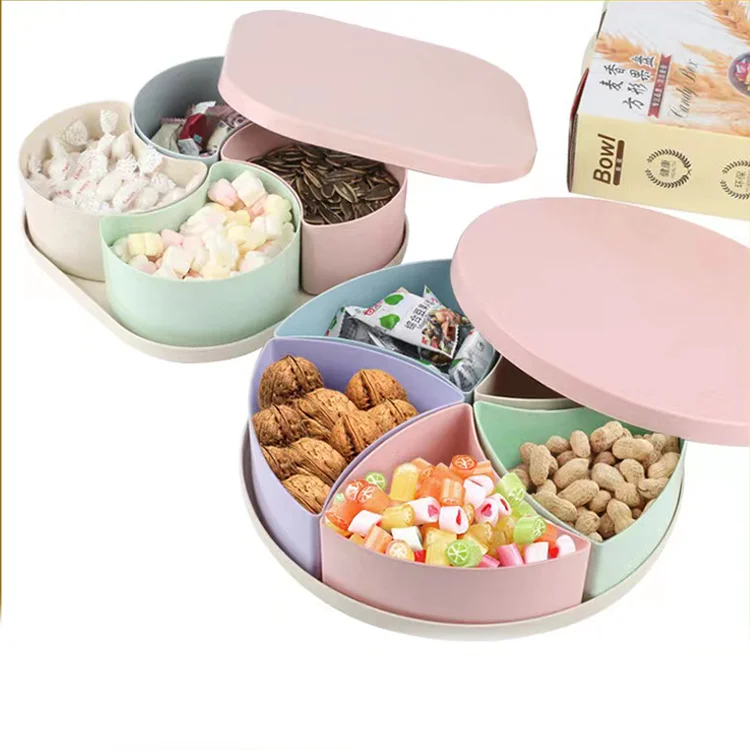 Colourful Flower Shape Food Grade Wheat Straw Plastic Food Container Box Nuts Dried Fruit Plate Snaker Candy Tray With Lid