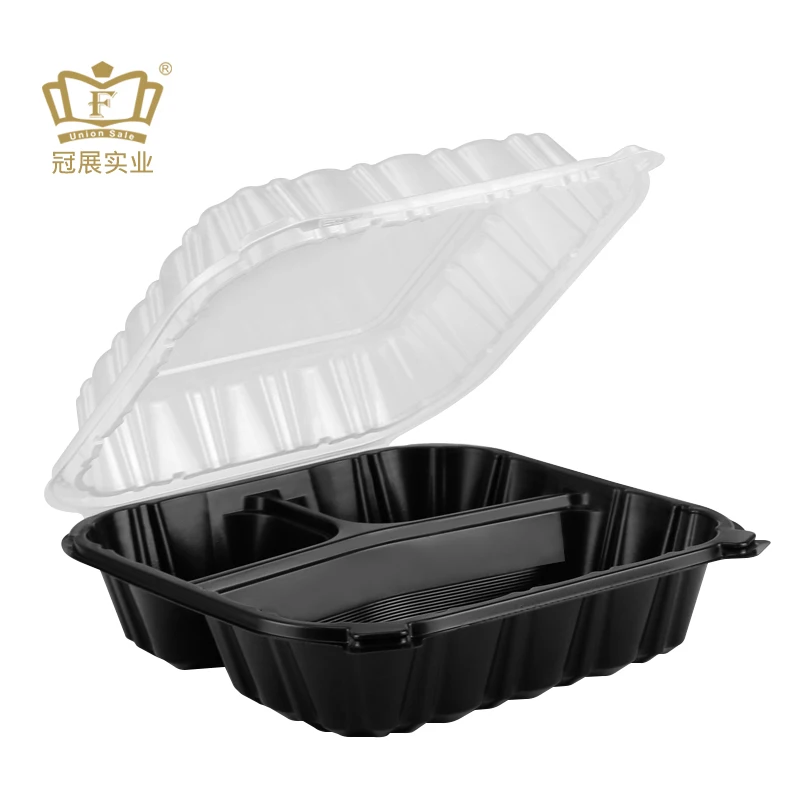 wholesale to go 8 inch dual color hinged lid microwave fast food container with  3 compartments  black base clear lid lunch box