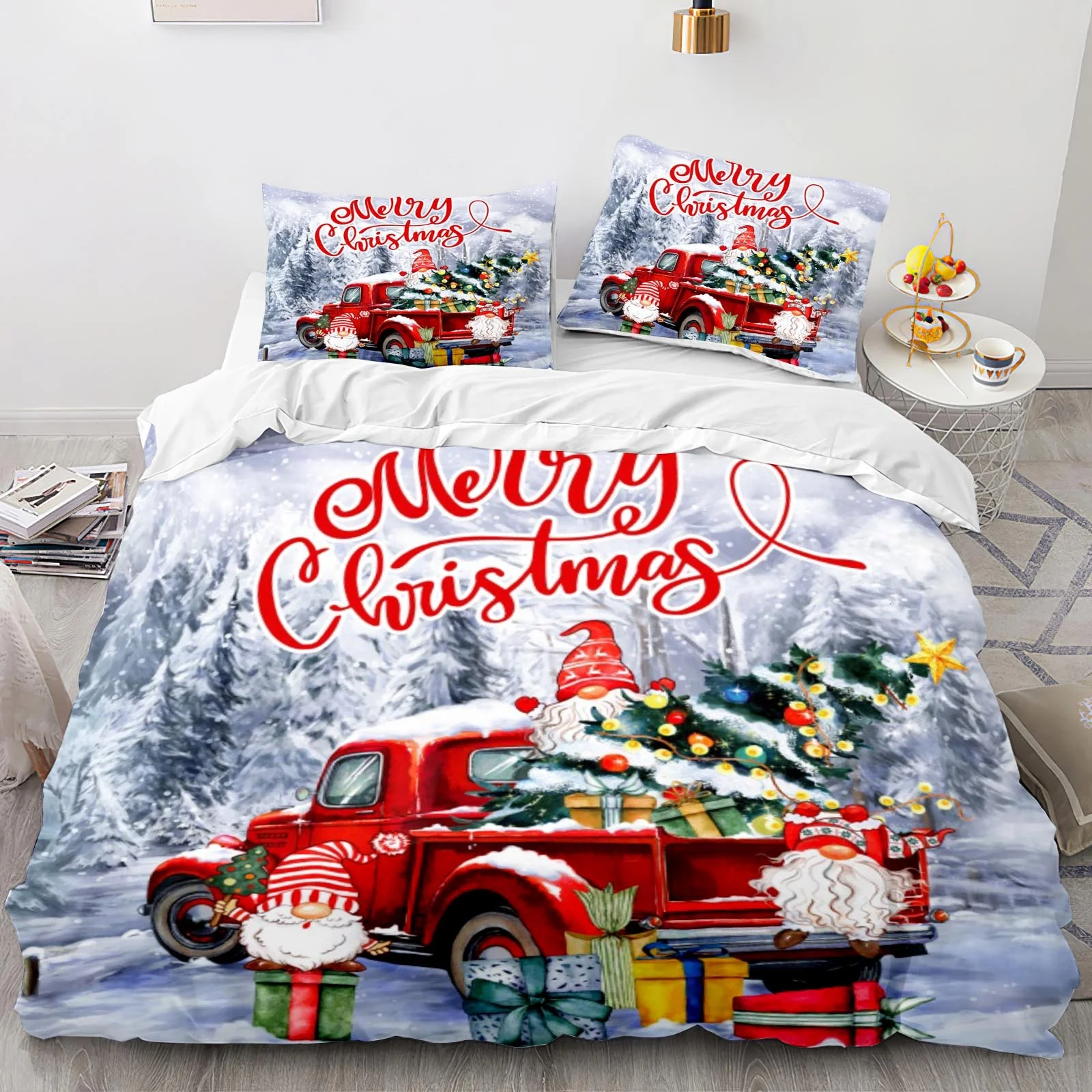 Custom 3D Printed Christmas Floral Cartoon Modern 3-Piece Duvet Cover Set Red Famous Car Tree Snow Polyester Comfort Cover Sets
