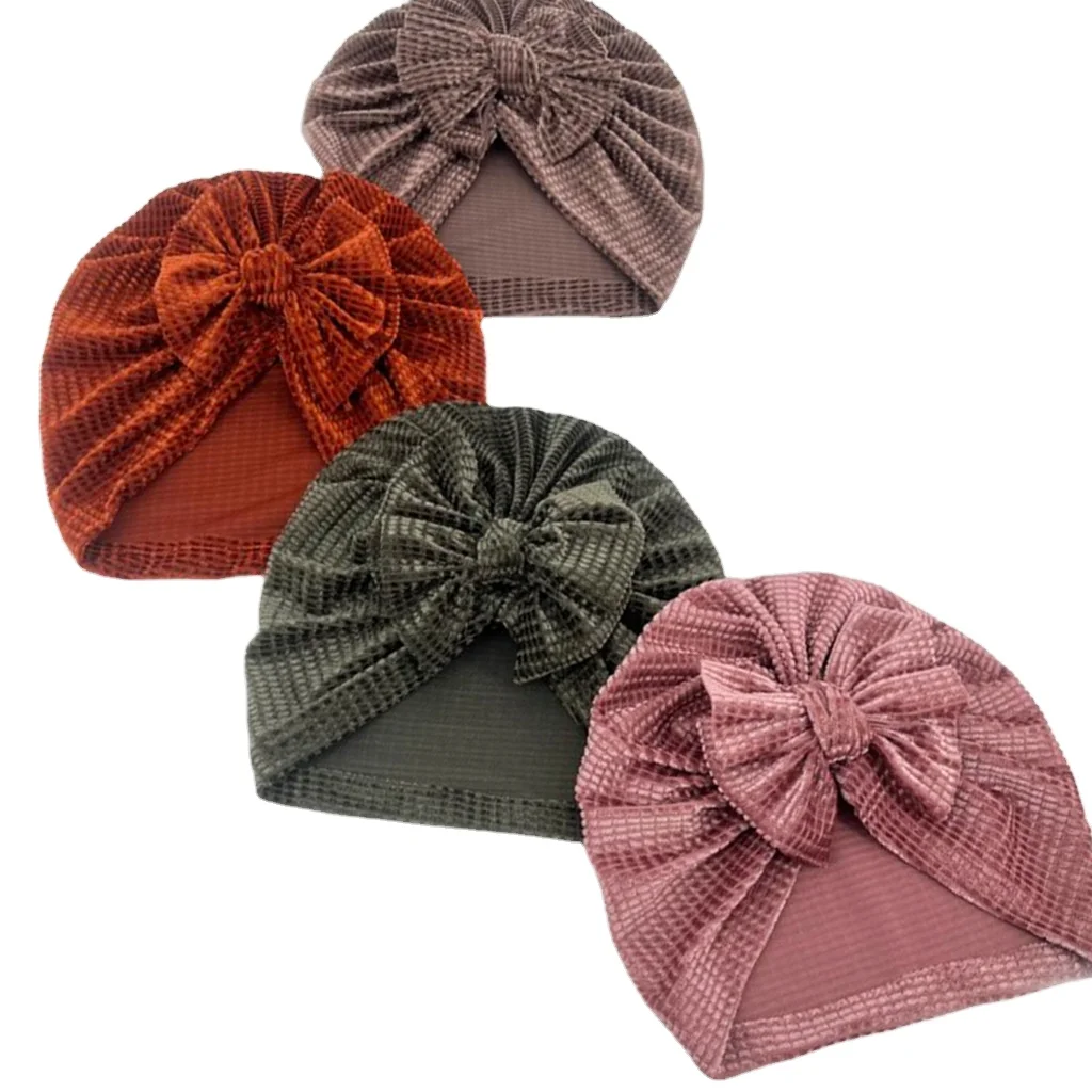 US Gold Velvet Baby Bow Beanie Plain Toddler Hat Solid Color  Kids Accessories Ribbed Cotton Baby Hat Newborn Infant Cap Newborn