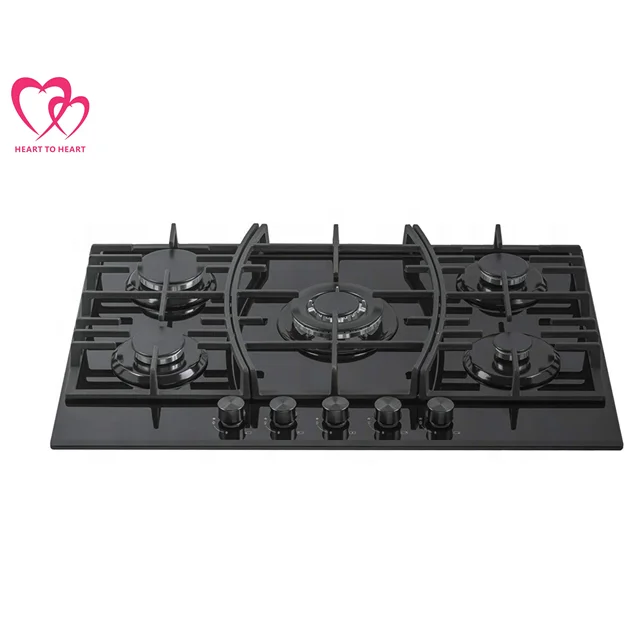 tempered glass panel gas stove 5 burner gas hob with cast iron supporter