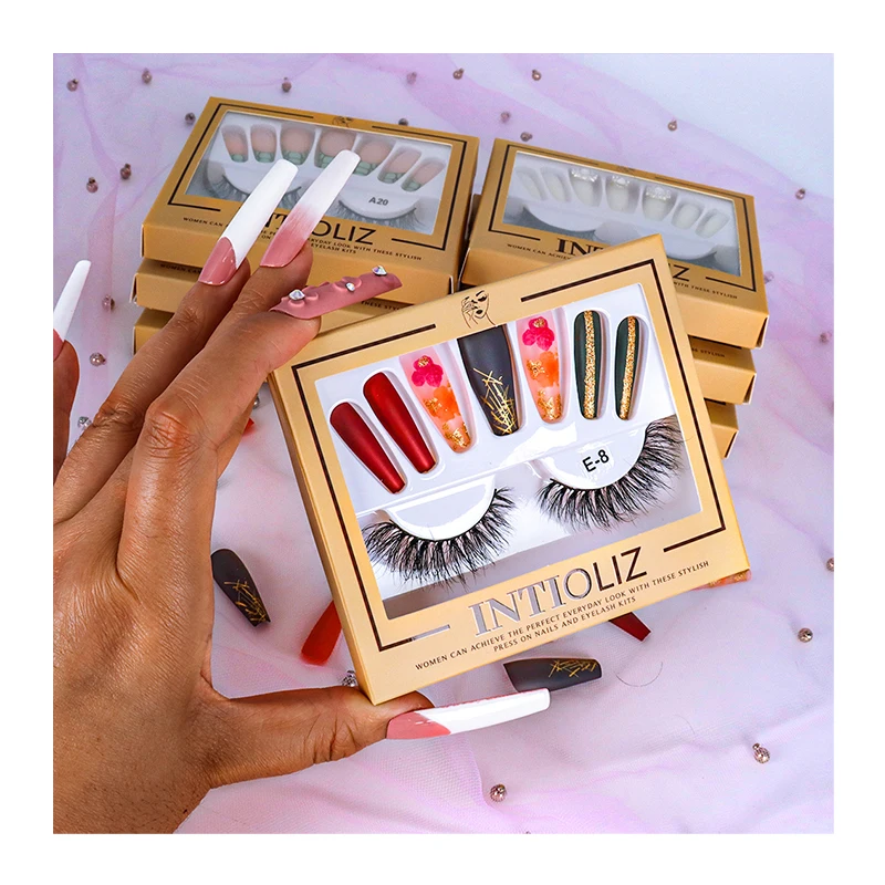 faux silk mink eyelashes wholesale lashes vendor press on nails set with private label custom logo eyelashes set