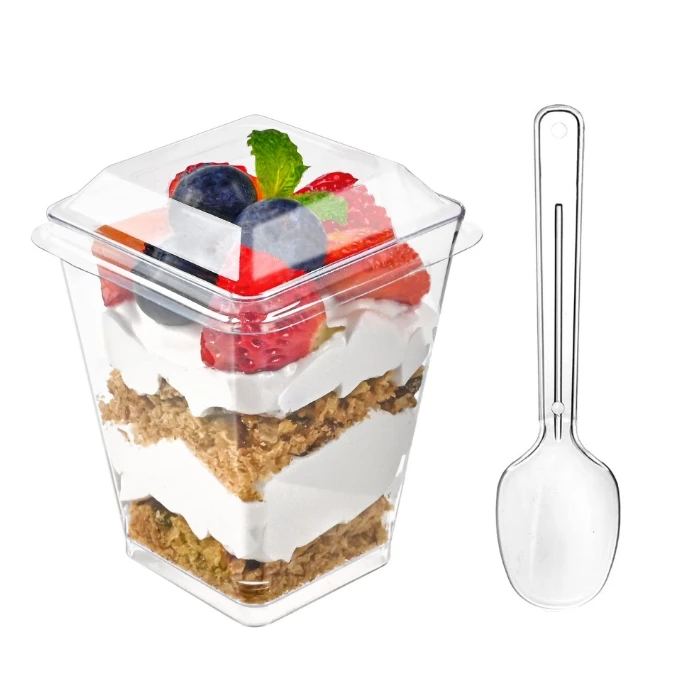 PTPACK Disposable Plastic PS Dessert Cup Ice Cream Mousse Mini Square Dessert Cups With Lid