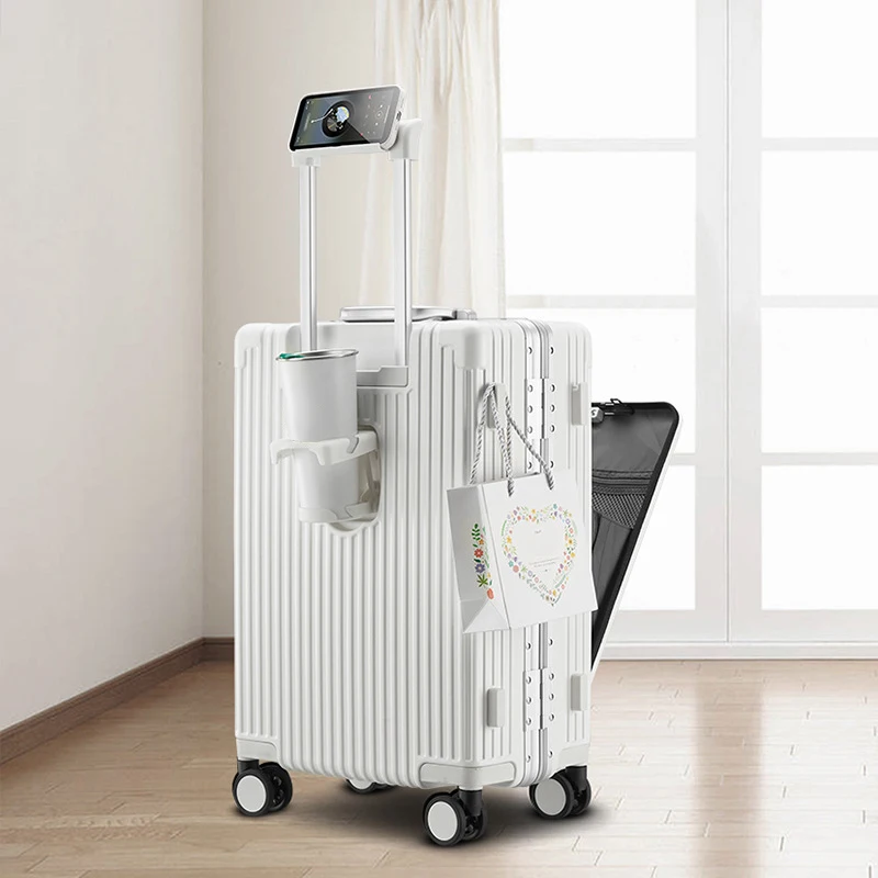 2023 New Design Multifunctional Front Open Luggage Aluminum Suitcase Travel Bag With Usb Charger And Cup Holder