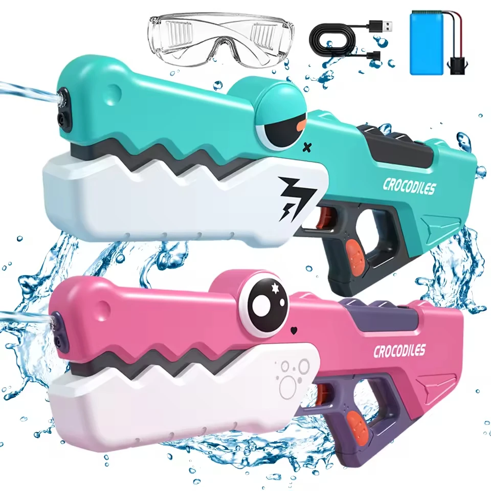 Summer Outdoor Green Cartoon Water Sprayer Pink Water Squirt Gun Plastic Electric Crocodile Water Gun Toy with Swimming Goggles