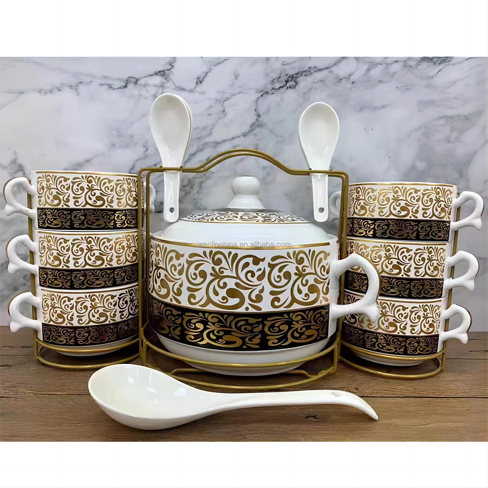 Arabic style Ramadan designs moon star SOUP DINNER set 16pcs tureen pot with soup bowl & big spoon high white quality porcelain