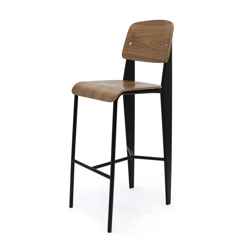 Dark Brown Walnut Veneer Plywood Bar Stools Metal And Wooden Bar Stool Chairs