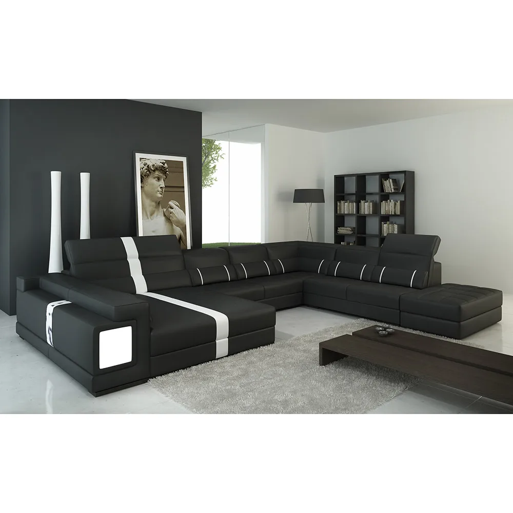 Fashionable design  modern U shape sectional furniture for Black leather living room sofa set